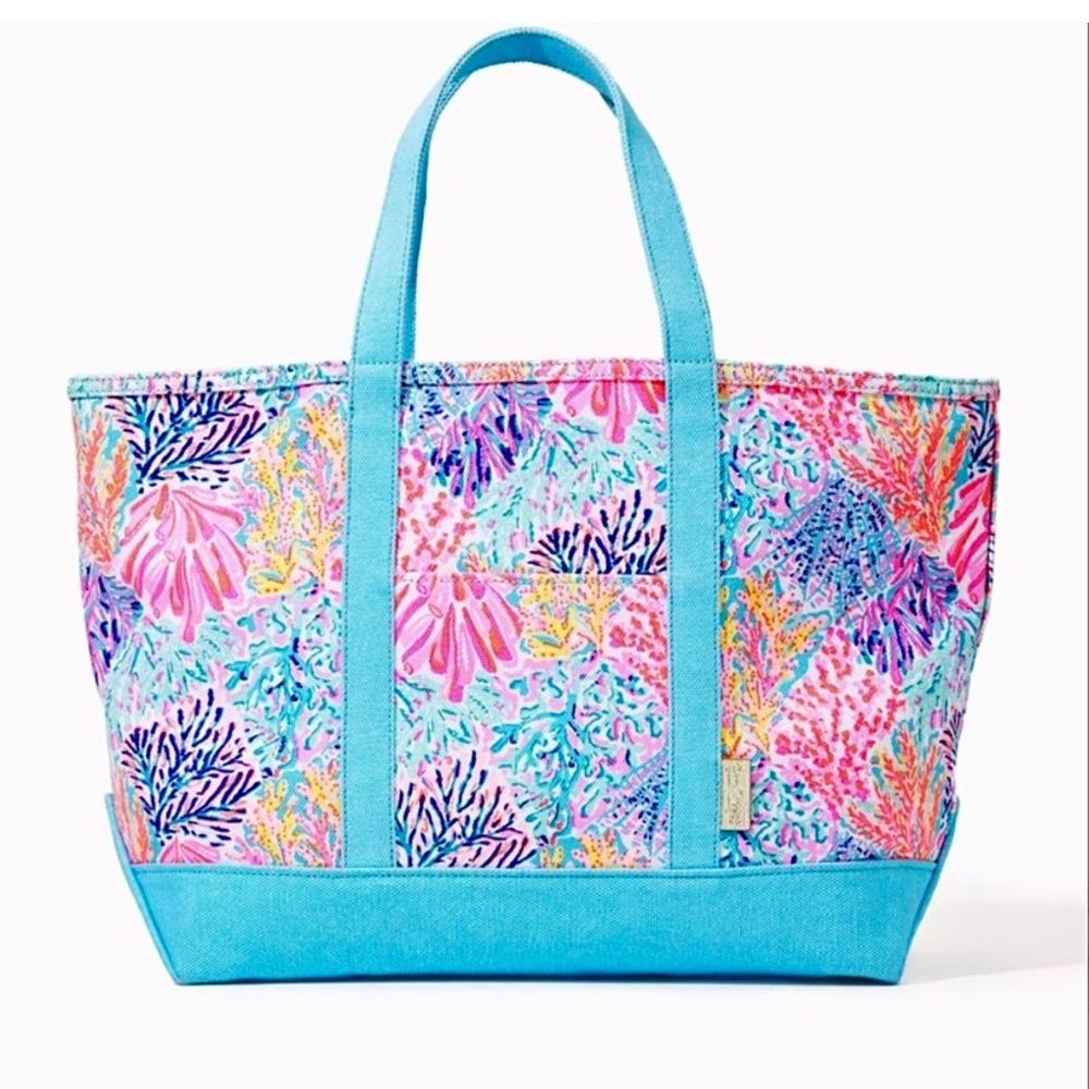 Lilly Pulitzer Mercato Canvas Large Zip Top Tote Bag Splashdance pink blue